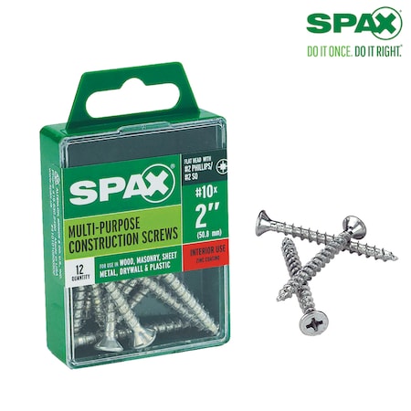 Spax Sheet Metal Screw, #10 x 2 in, Zinc Plated Steel Flat Head Square Drive 4101010500502